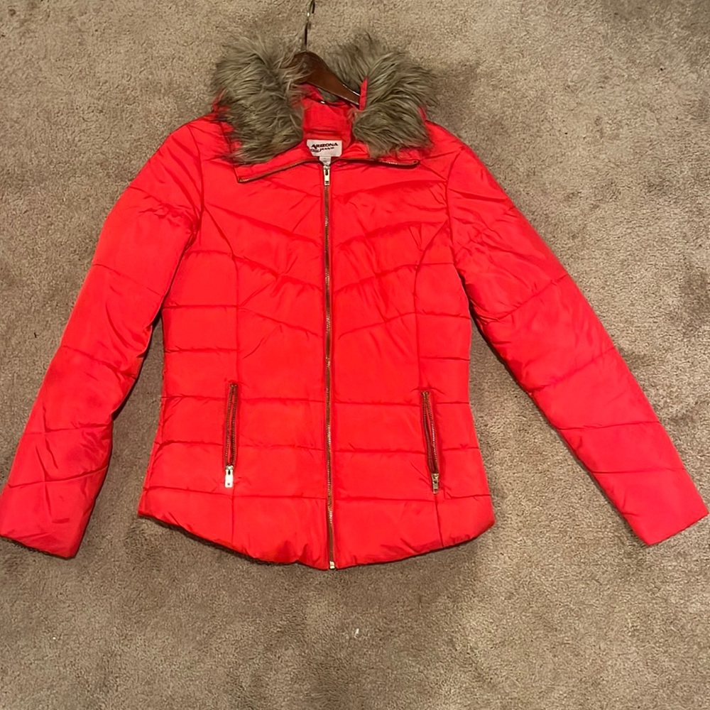 Large red winter coat with fur collar